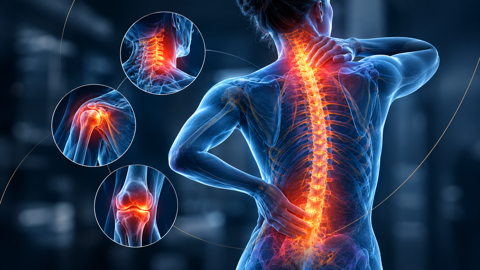 Illustration of chronic neck, shoulder, spine and knee pain